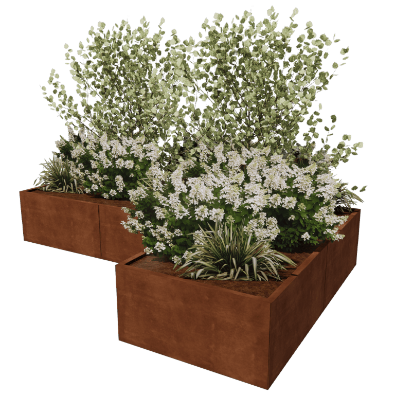 Jardinieră din oțel corten - Formă L - 300 x 200 cm