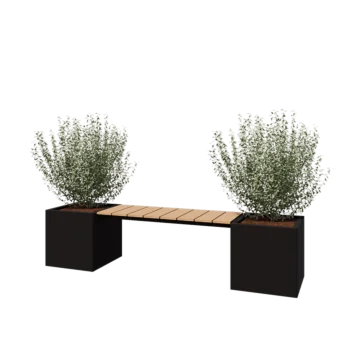 Jardinieră din oțel - Pătrat - 221,2 x 50 x 50 cm - RAL9005 mat (negru) - Fără placă de bază - Cu băncuță