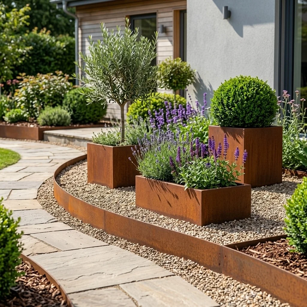 Separator de gazon din oțel corten - Aplatizat FLEX - Înălțime 13 cm - 240 cm
