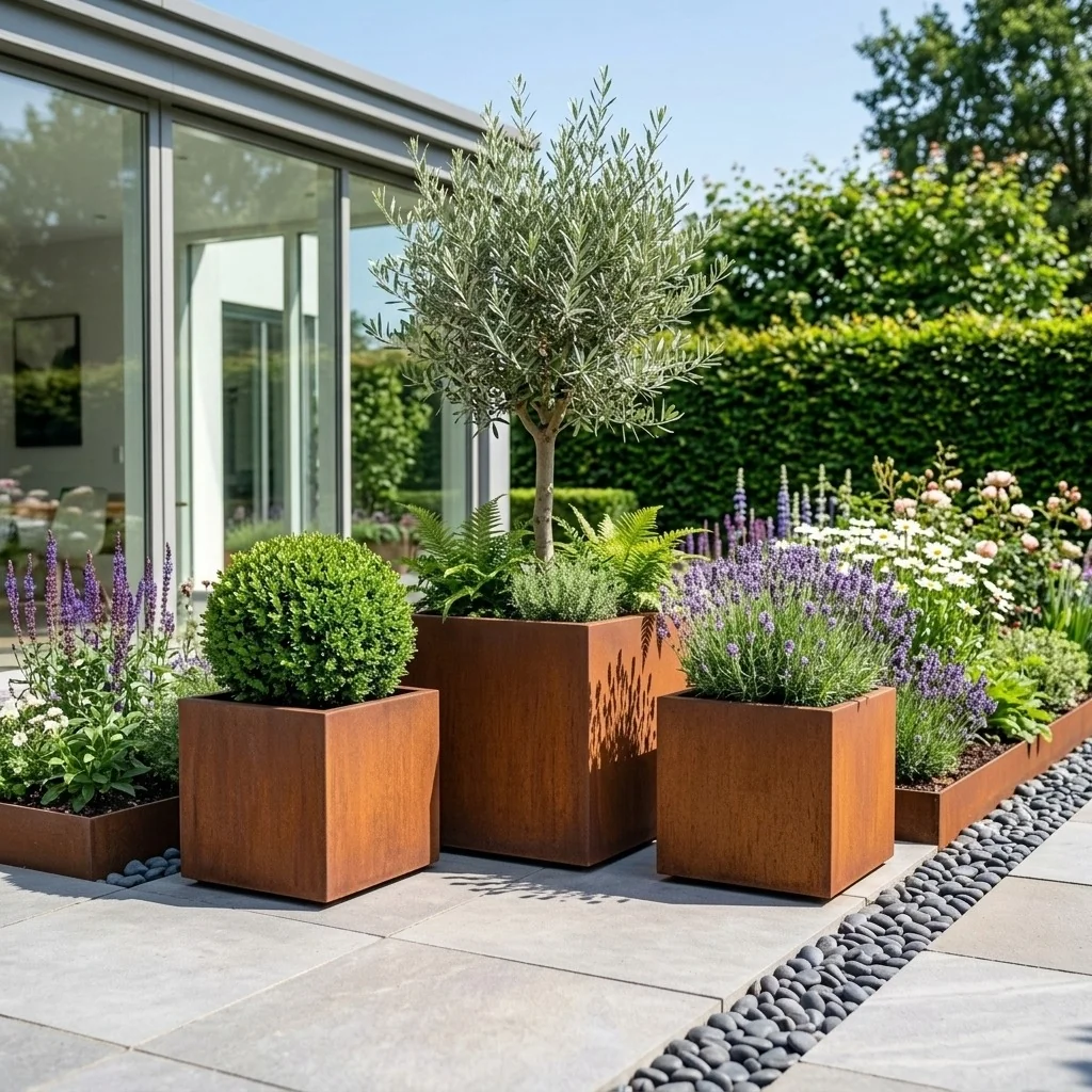 Jardinieră din oțel corten - Pătrat - 40 x 40 x 40 cm - Cu placă de bază - Cu roți