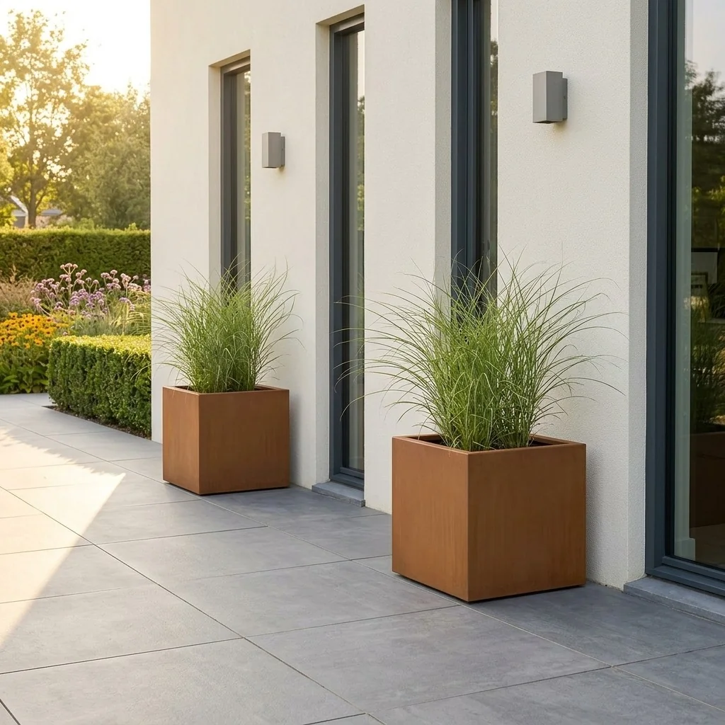 Jardinieră din oțel corten - Pătrat - 40 x 40 x 40 cm - Cu placă de bază
