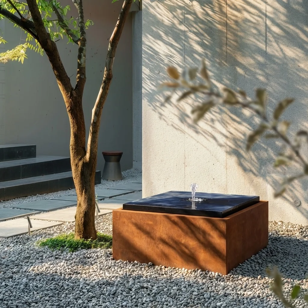 Fântână din oțel corten - Orin - 80 x 80 x 40 cm - Cu iluminare LED