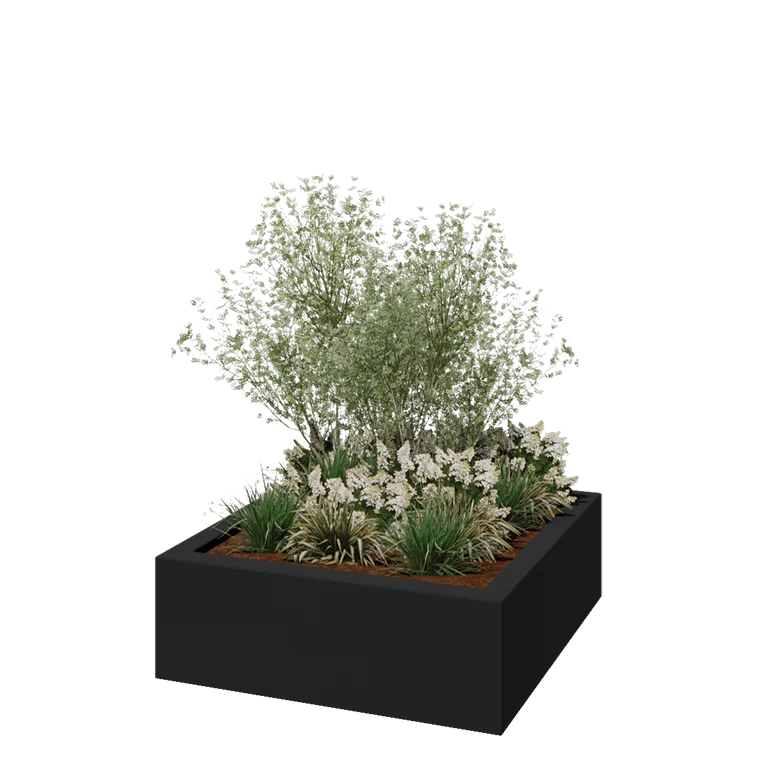 Jardinieră din fibră de sticlă - Pătrat - 120 x 120 x 40 cm - RAL7021 mat (gri negru) - Cu fund