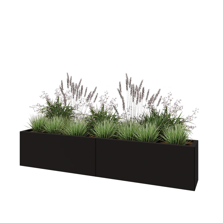 Jardinieră XXL din oțel - Dreptunghiular - 200 x 30 x 40 cm - RAL9005 mat (negru) - Cu placă de bază