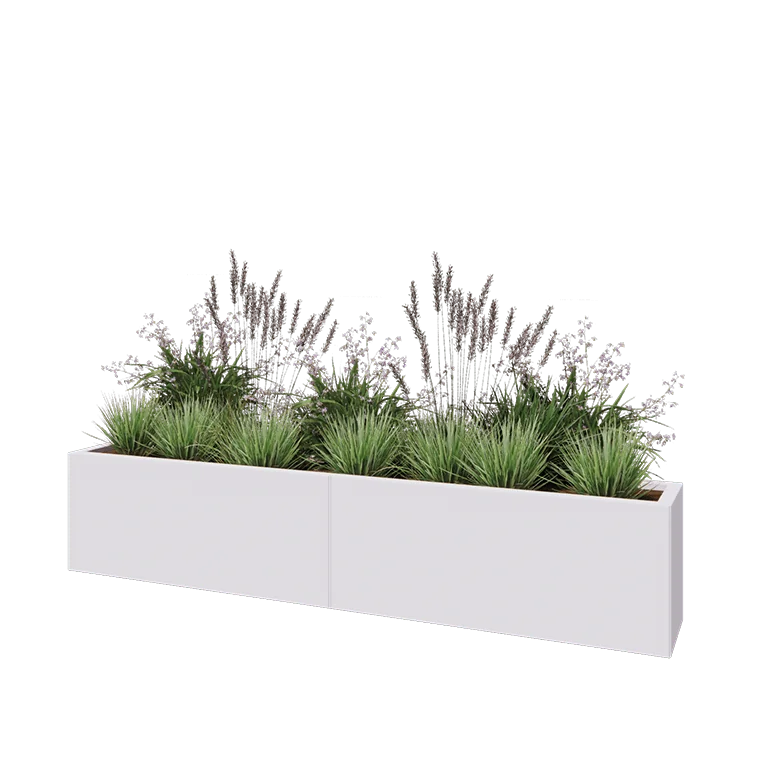 Jardinieră XXL din oțel - Dreptunghiular - 200 x 30 x 40 cm - RAL9010 mat (alb) - Cu placă de bază