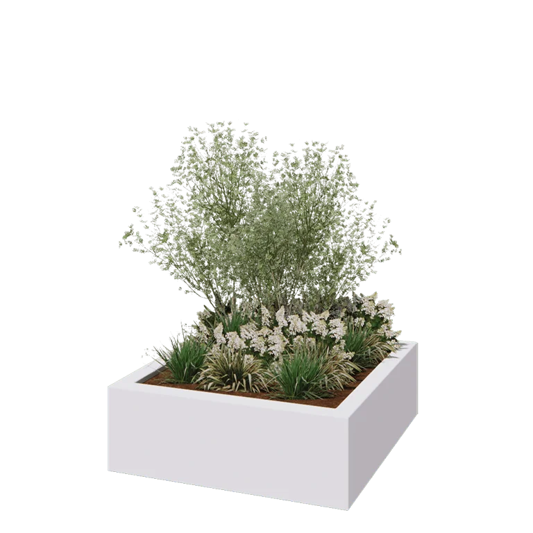Jardinieră din fibră de sticlă - Pătrat - 120 x 120 x 40 cm - RAL9010 mat (alb) - Cu fund