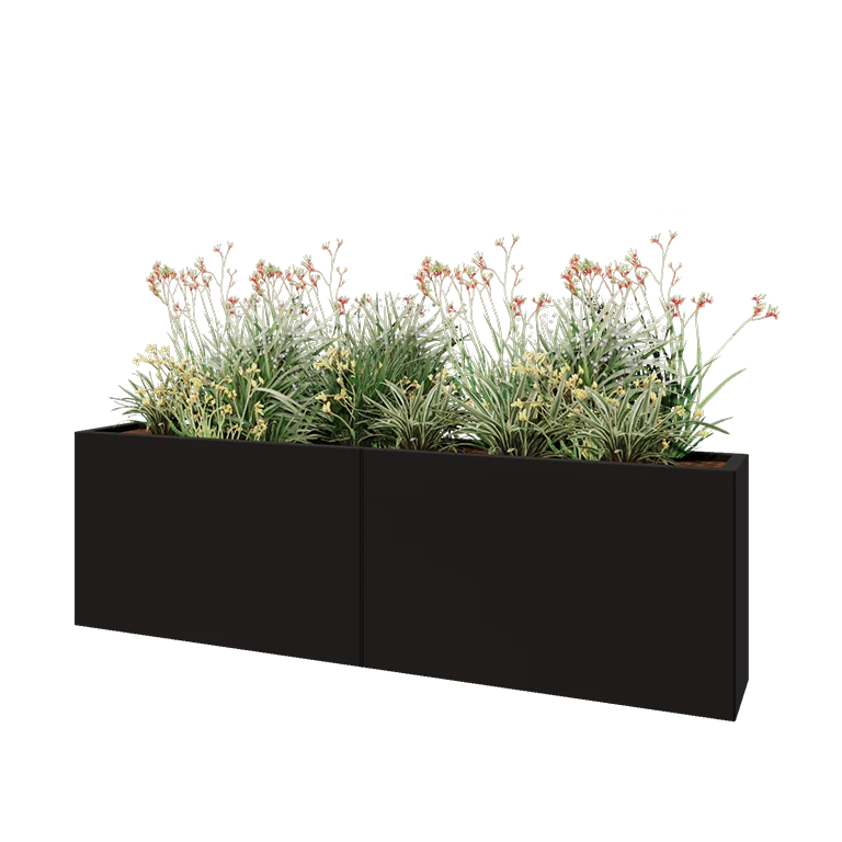 Jardinieră XXL din oțel - Dreptunghiular - 200 x 30 x 60 cm - RAL9005 mat (negru) - Cu placă de bază