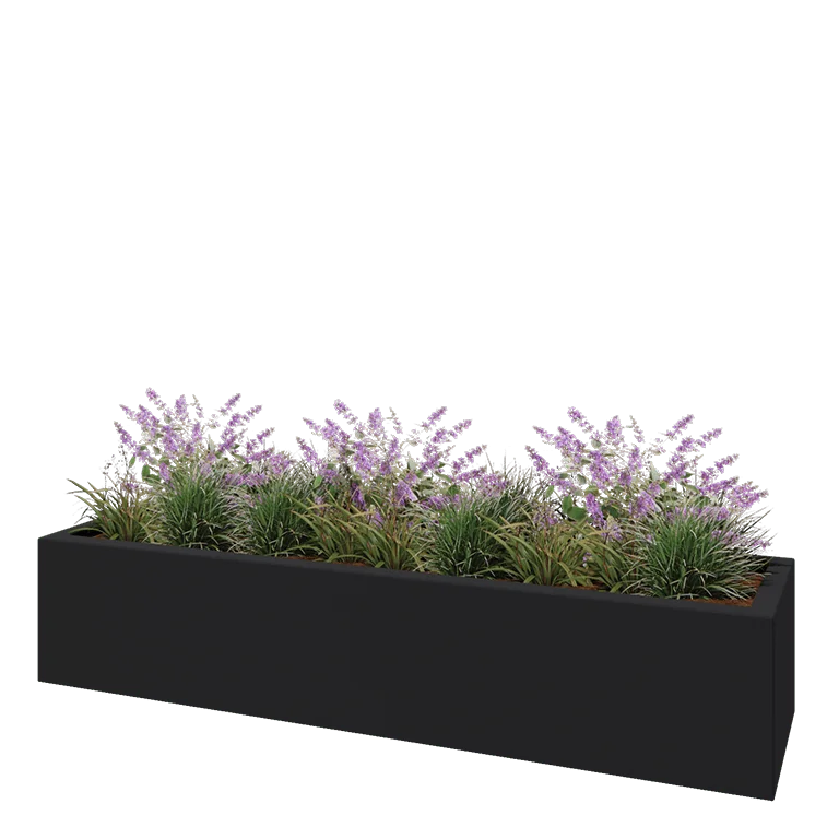 Jardinieră din fibră de sticlă - Dreptunghi - 200 x 50 x 40 cm - RAL7021 mat (gri negru) - Cu fund