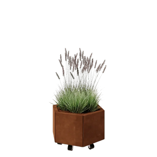 Jardinieră din oțel corten - Hexagonal - 59,3 x 52 x 30 cm - Cu placă de bază - Cu roți