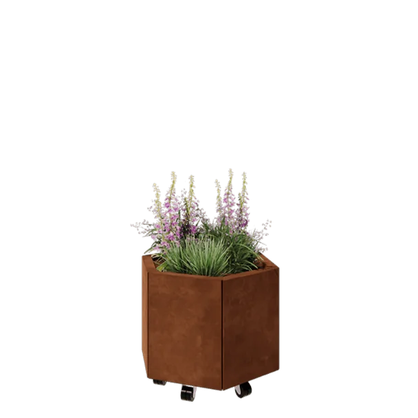 Jardinieră din oțel corten - Hexagonal - 59,3 x 52 x 40 cm - Cu placă de bază - Cu roți