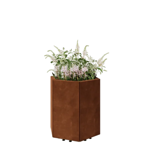 Jardinieră din oțel corten - Hexagonal - 59,3 x 52 x 60 cm - Cu placă de bază - Cu picioare