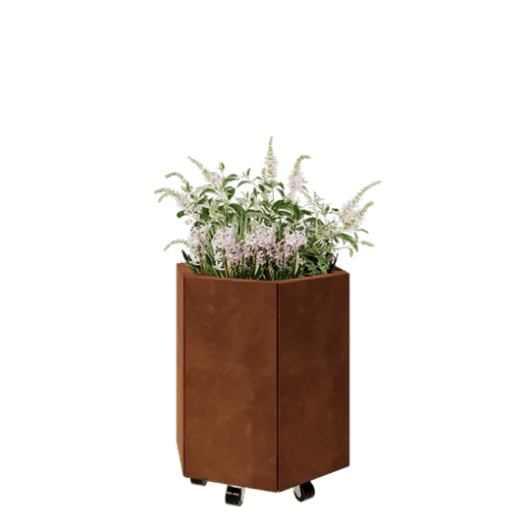 Jardinieră din oțel corten - Hexagonal - 59,3 x 52 x 60 cm - Cu placă de bază - Cu roți
