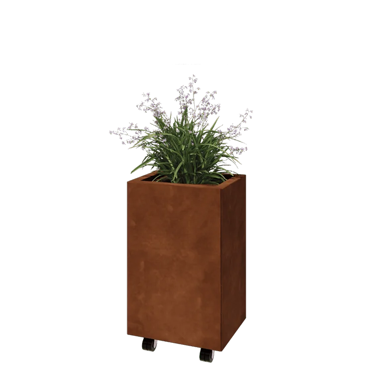 Jardinieră din oțel corten - Dreptunghiular - 40 x 30 x 60 cm - Cu placă de bază - Cu roți