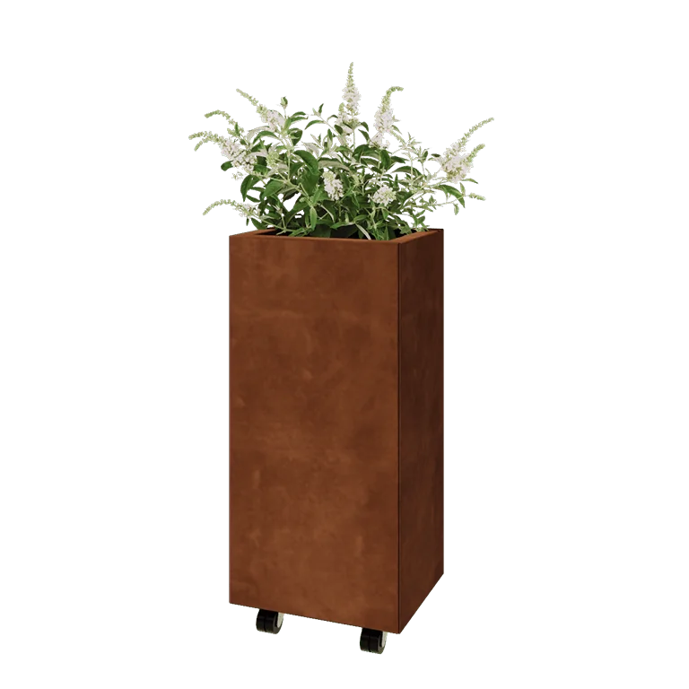 Jardinieră din oțel corten - Dreptunghiular - 40 x 30 x 80 cm - Cu placă de bază - Cu roți