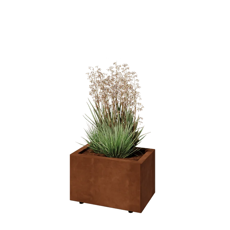 Jardinieră din oțel corten - Dreptunghiular - 50 x 30 x 30 cm - Cu placă de bază - Cu picioare