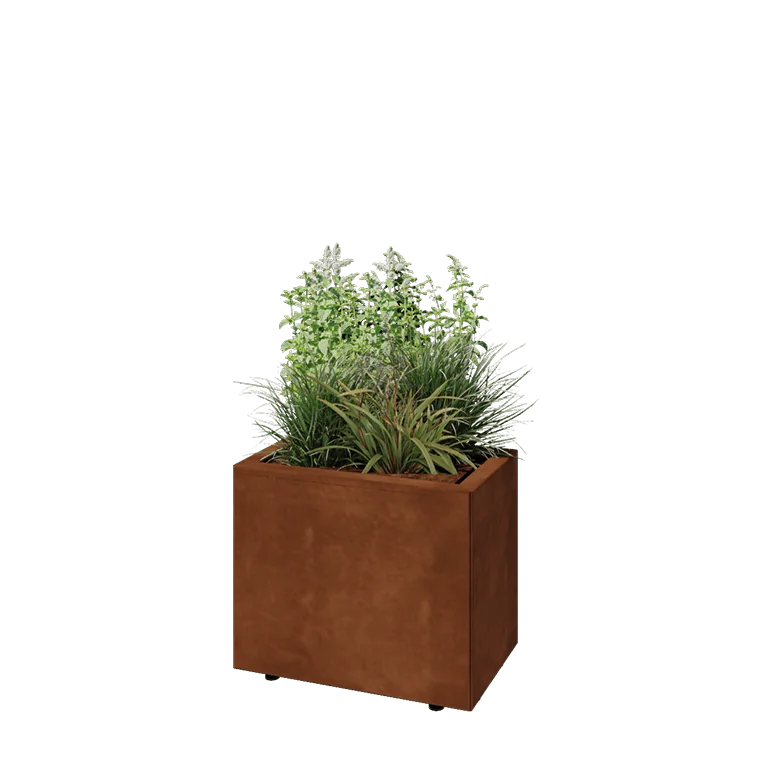 Jardinieră din oțel corten - Dreptunghiular - 50 x 30 x 40 cm - Cu placă de bază - Cu picioare