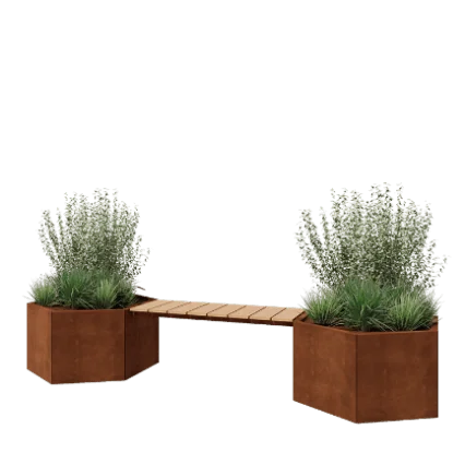 Jardinieră din oțel corten - Hexagonal - 294,4 x 99,3 x 50 cm - Cu băncuță - Fără placă de bază