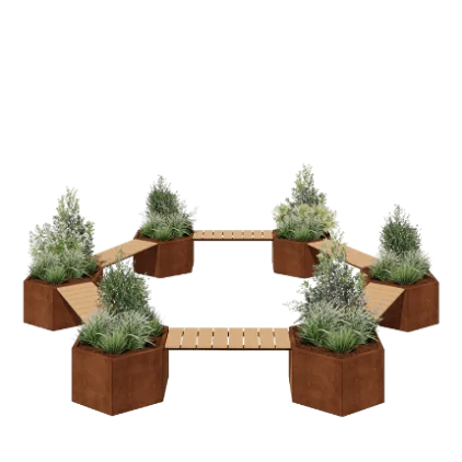 Jardinieră din oțel corten - Configurație foc de tabără - 502,2 x 459,2 x 50 cm - Cu băncuță - Fără placă de bază