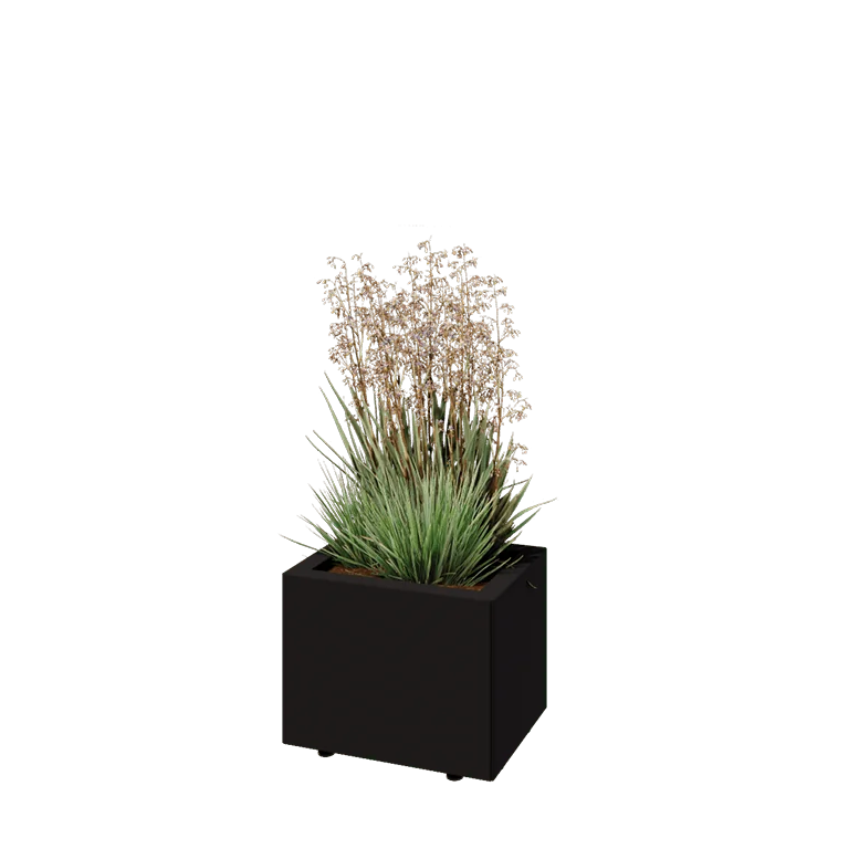 Jardinieră din oțel - Dreptunghiular - 40 x 30 x 30 cm - RAL9005 mat (negru) - Cu placă de bază - Cu picioare