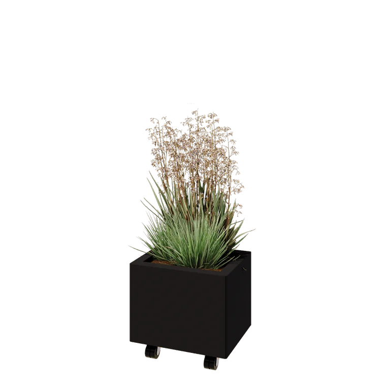 Jardinieră din oțel - Dreptunghiular - 40 x 30 x 30 cm - RAL9005 mat (negru) - Cu placă de bază - Cu roți
