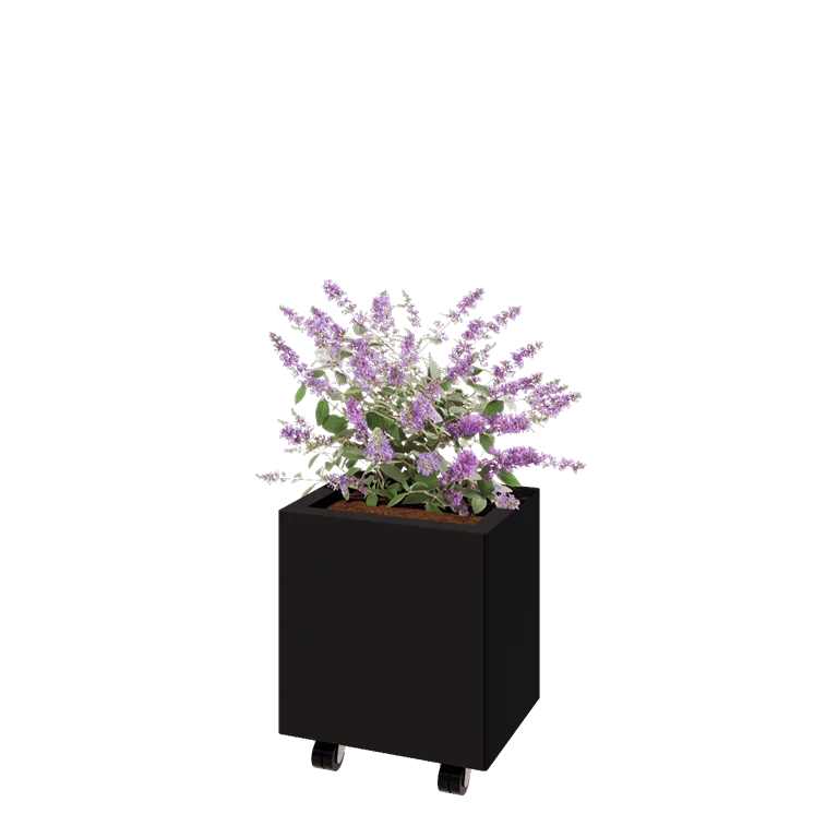 Jardinieră din oțel - Dreptunghiular - 40 x 30 x 40 cm - RAL9005 mat (negru) - Cu placă de bază - Cu roți