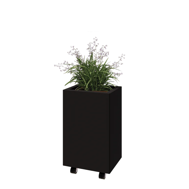 Jardinieră din oțel - Dreptunghiular - 40 x 30 x 60 cm - RAL9005 mat (negru) - Cu placă de bază - Cu roți