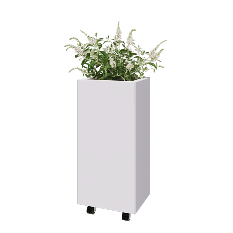 Jardinieră din oțel - Dreptunghiular - 40 x 30 x 80 cm - RAL9010 mat (alb) - Cu placă de bază - Cu roți