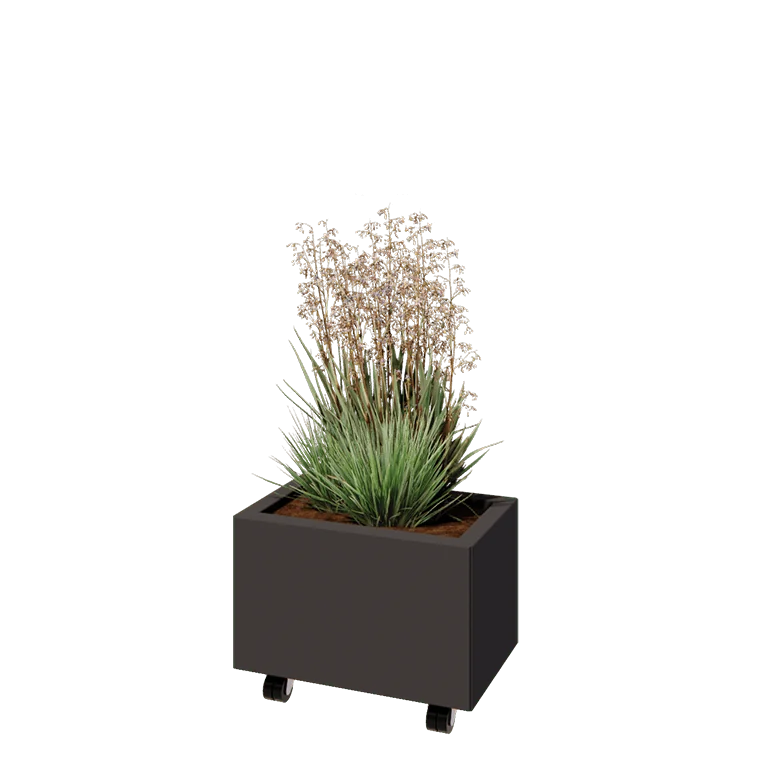 Jardinieră din oțel - Dreptunghiular - 50 x 30 x 30 cm - Altă culoare RAL - Cu placă de bază - Cu roți