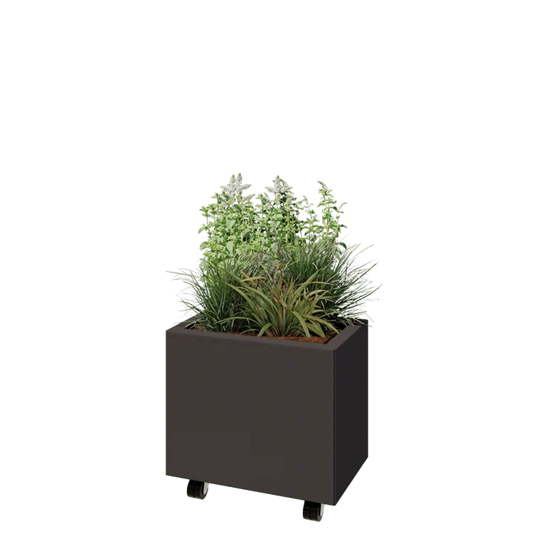 Jardinieră din oțel - Dreptunghiular - 50 x 30 x 40 cm - Altă culoare RAL - Cu placă de bază - Cu roți