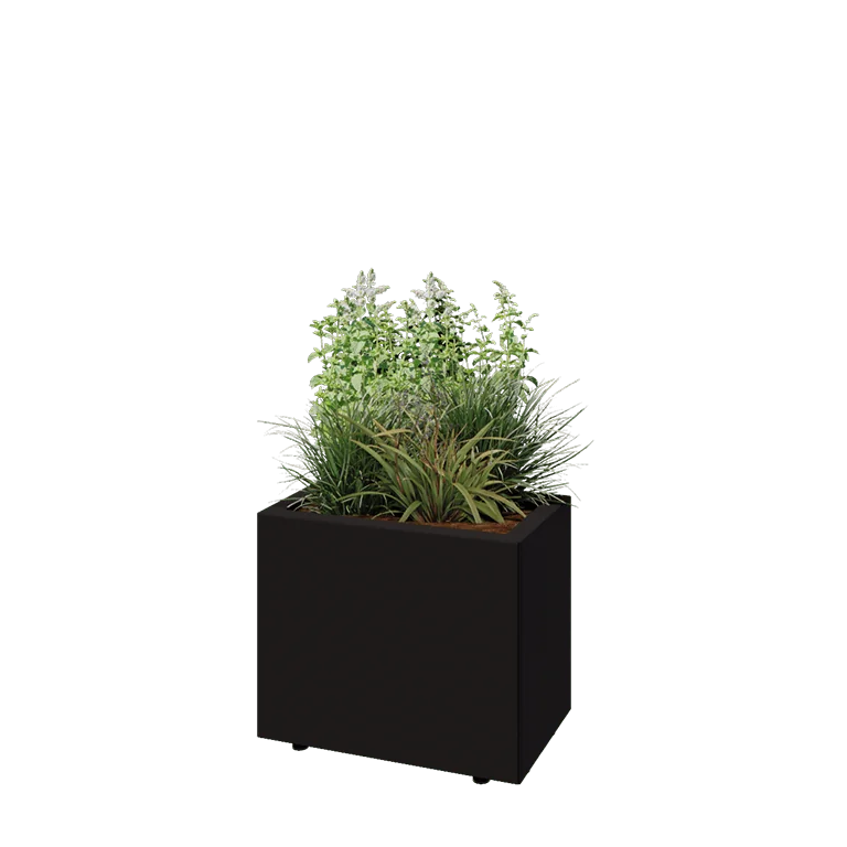 Jardinieră din oțel - Dreptunghiular - 50 x 30 x 40 cm - RAL9005 mat (negru) - Cu placă de bază - Cu picioare