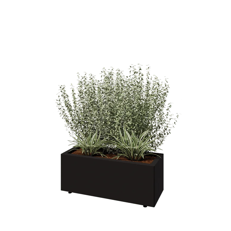 Jardinieră din oțel - Dreptunghiular - 80 x 30 x 30 cm - RAL9005 mat (negru) - Cu placă de bază - Cu picioare