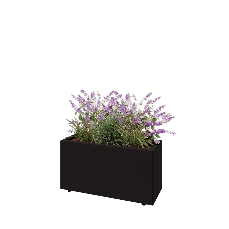 Jardinieră din oțel - Dreptunghiular - 80 x 30 x 40 cm - RAL9005 mat (negru) - Cu placă de bază - Cu picioare