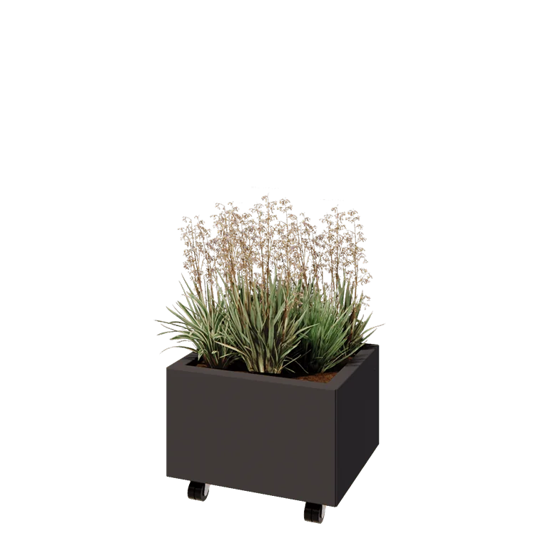 Jardinieră din oțel - Dreptunghiular - 50 x 40 x 30 cm - RAL7016 mat (gri antracit) - Cu placă de bază - Cu roți