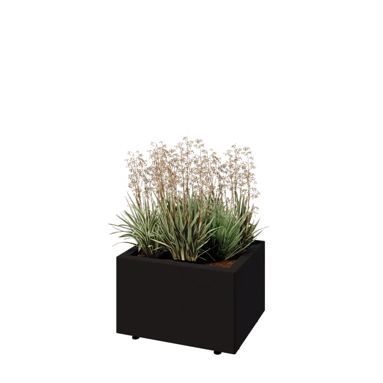 Jardinieră din oțel - Dreptunghiular - 50 x 40 x 30 cm - RAL9005 mat (negru) - Cu placă de bază - Cu picioare