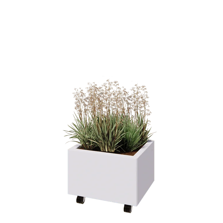 Jardinieră din oțel - Dreptunghiular - 50 x 40 x 30 cm - RAL9010 mat (alb) - Cu placă de bază - Cu roți