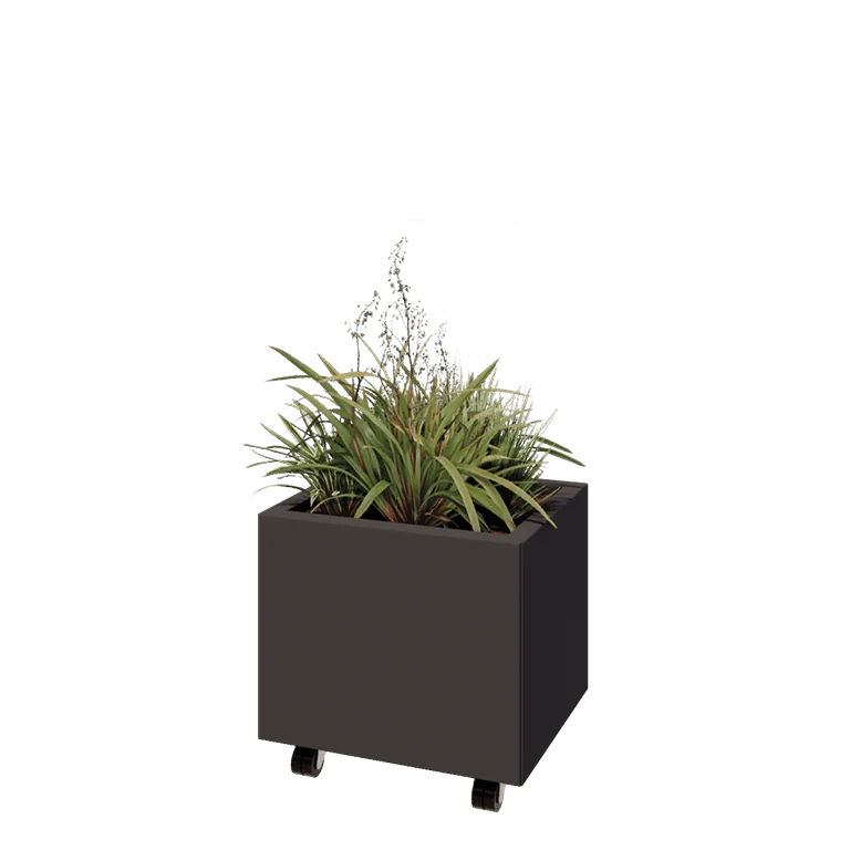 Jardinieră din oțel - Dreptunghiular - 50 x 40 x 40 cm - RAL7016 mat (gri antracit) - Cu placă de bază - Cu roți