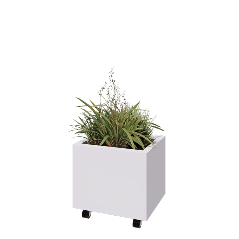 Jardinieră din oțel - Dreptunghiular - 50 x 40 x 40 cm - RAL9010 mat (alb) - Cu placă de bază - Cu roți