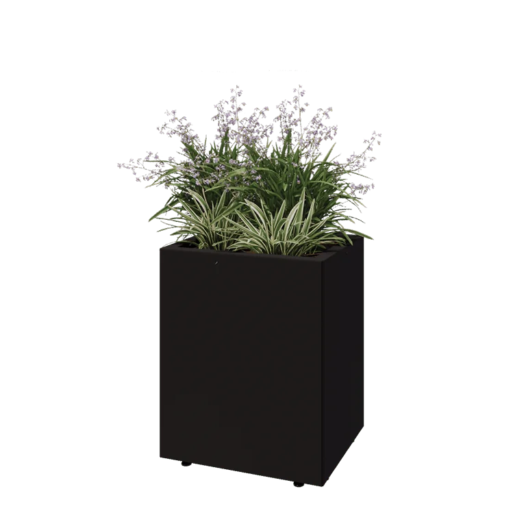 Jardinieră din oțel - Dreptunghiular - 50 x 40 x 60 cm - RAL9005 mat (negru) - Cu placă de bază - Cu picioare
