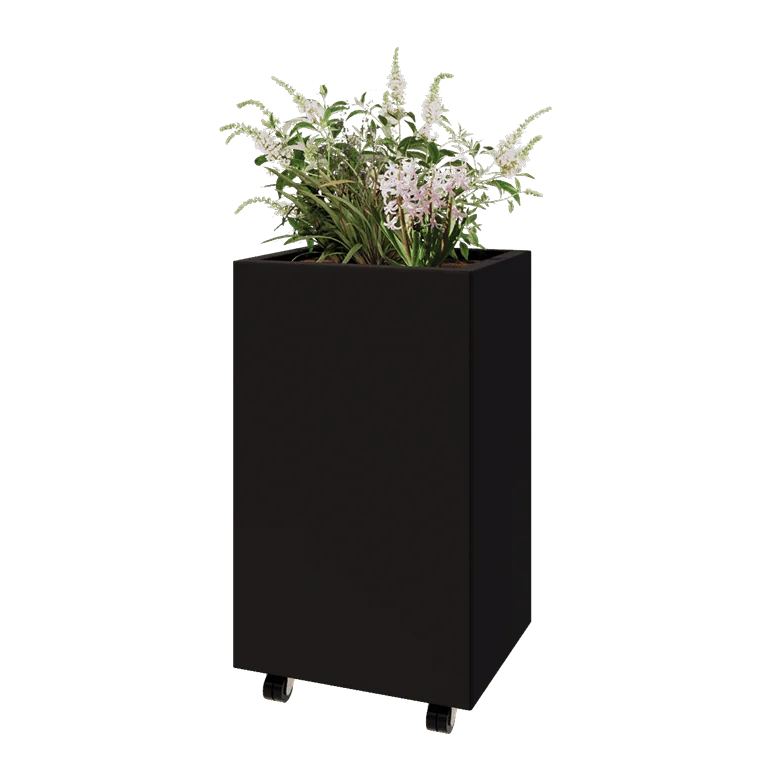 Jardinieră din oțel - Dreptunghiular - 50 x 40 x 80 cm - RAL9005 mat (negru) - Cu placă de bază - Cu roți