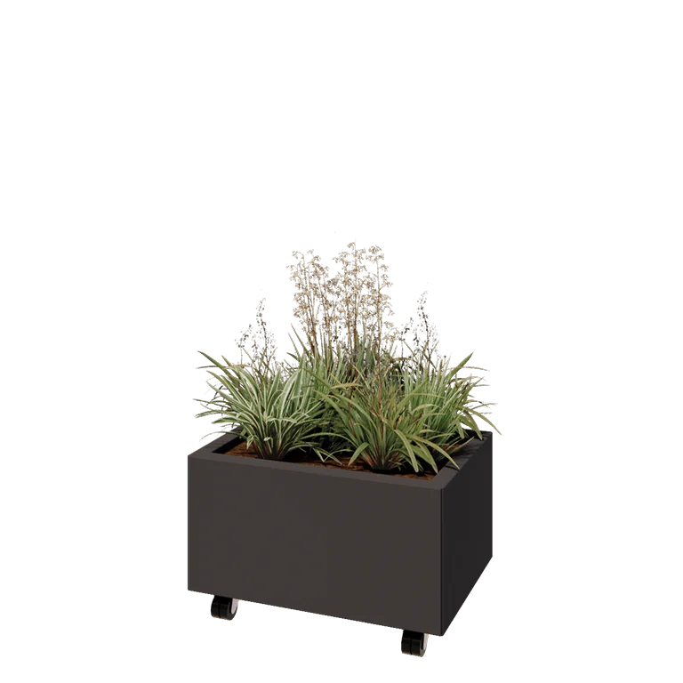 Jardinieră din oțel - Dreptunghiular - 60 x 40 x 30 cm - Altă culoare RAL - Cu placă de bază - Cu roți
