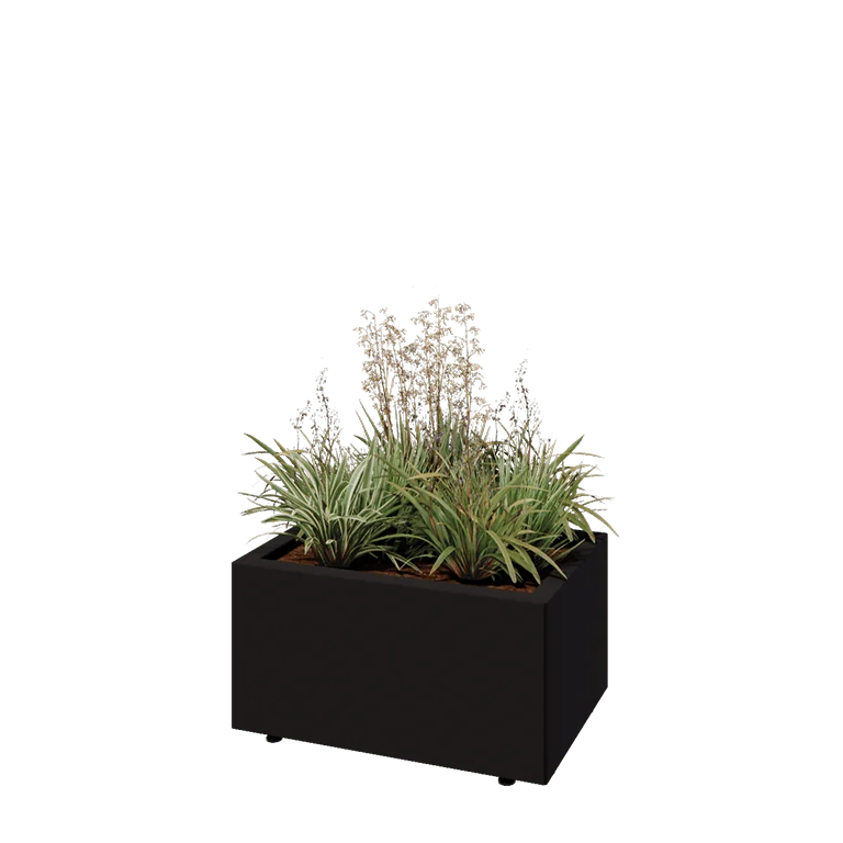 Jardinieră din oțel - Dreptunghiular - 60 x 40 x 30 cm - RAL9005 mat (negru) - Cu placă de bază - Cu picioare