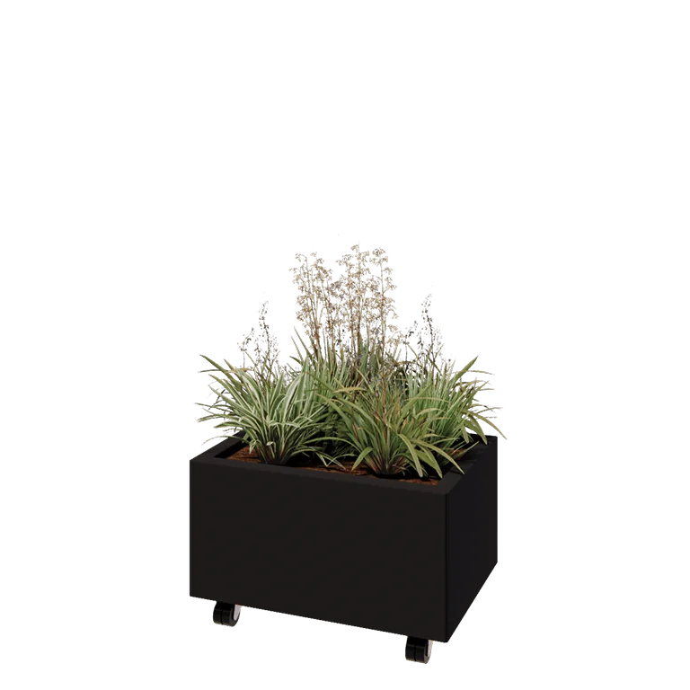 Jardinieră din oțel - Dreptunghiular - 60 x 40 x 30 cm - RAL9005 mat (negru) - Cu placă de bază - Cu roți