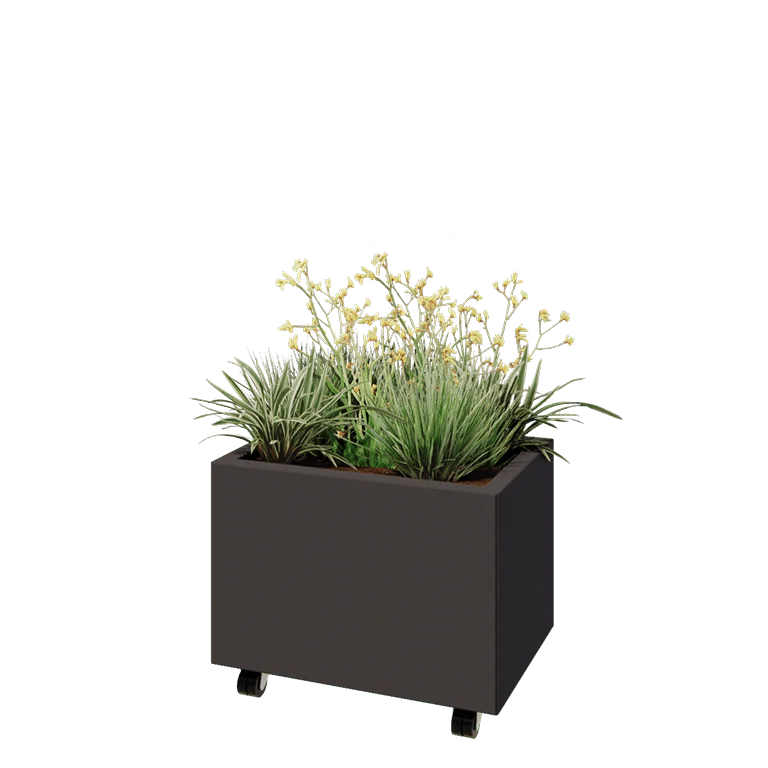 Jardinieră din oțel - Dreptunghiular - 60 x 40 x 40 cm - RAL7016 mat (gri antracit) - Cu placă de bază - Cu roți
