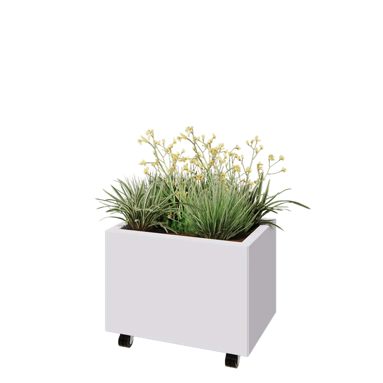 Jardinieră din oțel - Dreptunghiular - 60 x 40 x 40 cm - RAL9010 mat (alb) - Cu placă de bază - Cu roți