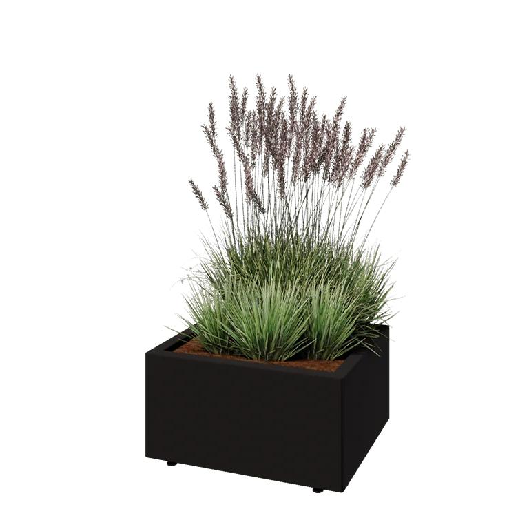 Jardinieră din oțel - Dreptunghiular - 60 x 50 x 30 cm - RAL9005 mat (negru) - Cu placă de bază - Cu picioare