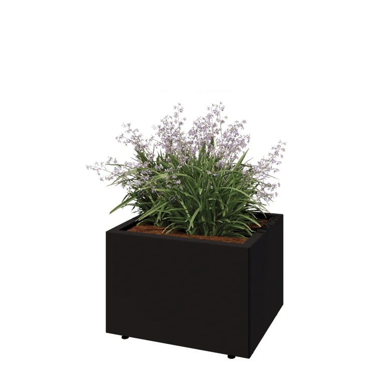 Jardinieră din oțel - Dreptunghiular - 60 x 50 x 40 cm - RAL9005 mat (negru) - Cu placă de bază - Cu picioare