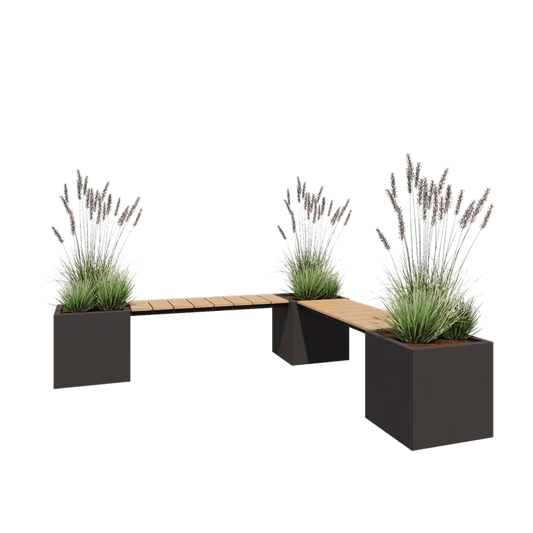 Jardinieră din oțel - Pătrat - Configurație pe colț - 221,2 x 221,2 x 50 cm - RAL7016 mat (gri antracit) - Cu placă de bază - Cu băncuță
