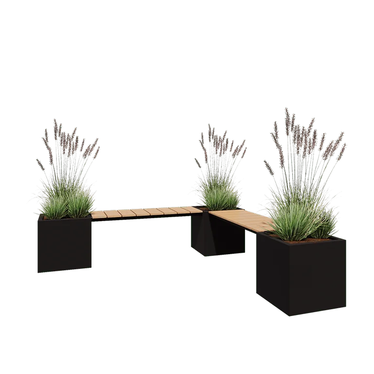 Jardinieră din oțel - Pătrat - Configurație pe colț - 221,2 x 221,2 x 50 cm - RAL9005 mat (negru) - Cu placă de bază - Cu băncuță