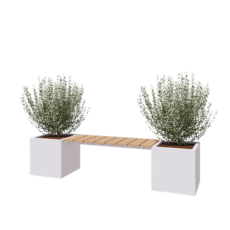 Jardinieră din oțel - Pătrat - 221,2 x 50 x 50 cm - RAL9010 mat (alb) - Fără placă de bază - Cu băncuță