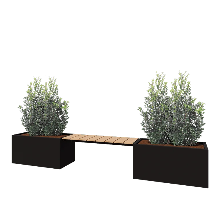 Jardinieră din oțel - Dreptunghiular - 321,2 x 50 x 50 cm - RAL9005 mat (negru) - Cu placă de bază - Cu băncuță